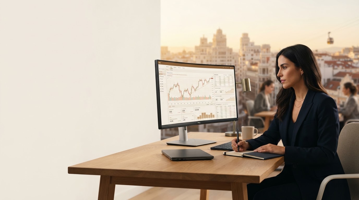 FinExpert AI panel de análisis de datos financieros en un espacio de trabajo minimalista